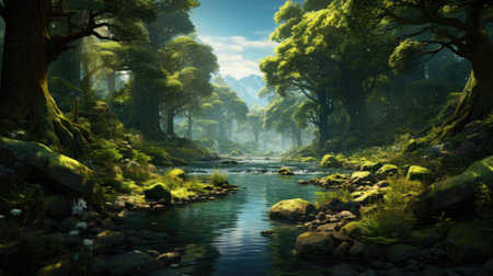 Beautiful fantasy landscape image of a mountain river flowing through a forestの素材