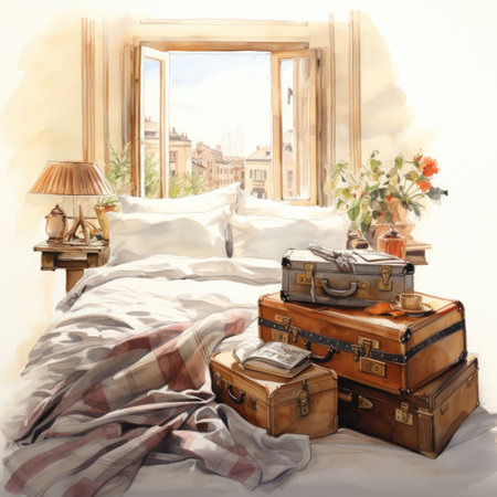 Vintage suitcase on the bed in the bedroom.の素材