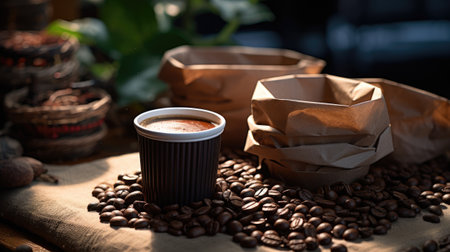 Coffee cup and coffee beans on wooden table. Coffee backgroundの素材