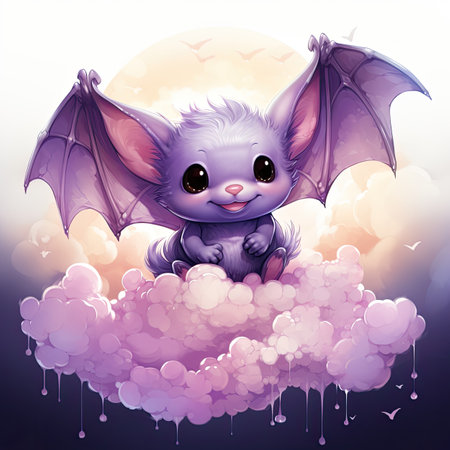 Cute cartoon baby bat sitting on a cloud.の素材