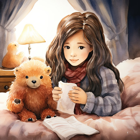 Cute little girl reading a book and drinking tea in bed.の素材