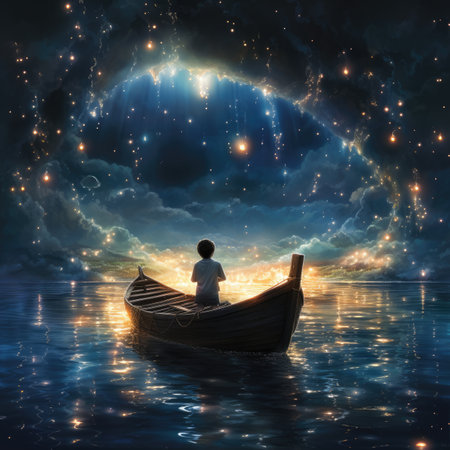 Man in a boat on the sea at night with lights and starsの素材