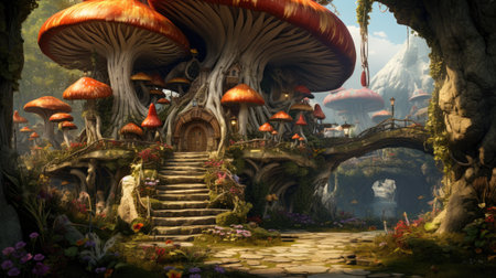 Fantasy fantasy landscape with magic mushrooms in the forest.の素材