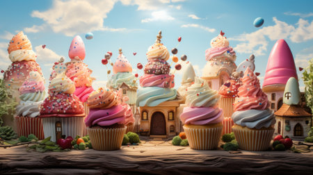Colorful cupcakes on wooden table with blue sky and clouds backgroundの素材