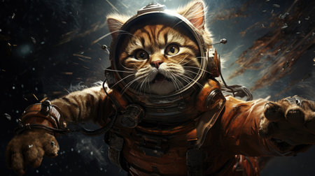 Funny cat astronaut in spacesuit on background of starry sky.の素材