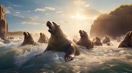 Sea lions on the rocks in the ocean.の素材