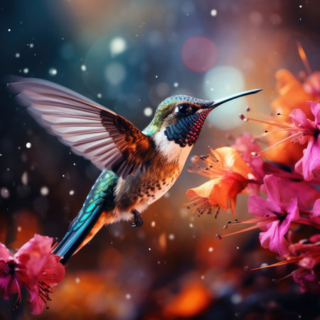 Hummingbird with flowers and bokeh effect.の素材