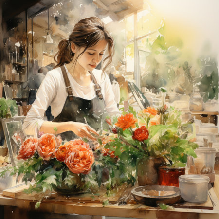 Asian woman florist working in flower shopの素材