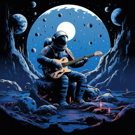 Astronaut playing the electric guitar on the background of the moonの素材
