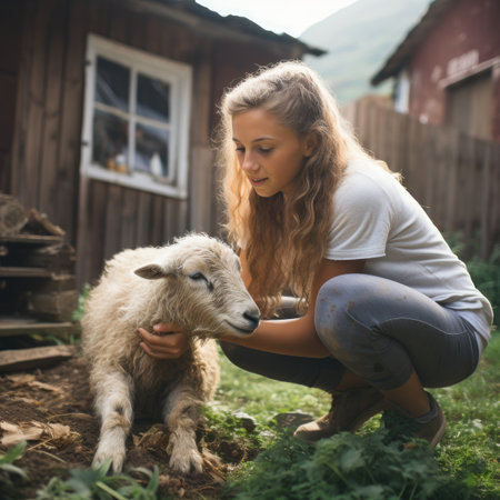 Young woman with a lamb on the farm. Selective focus.の素材