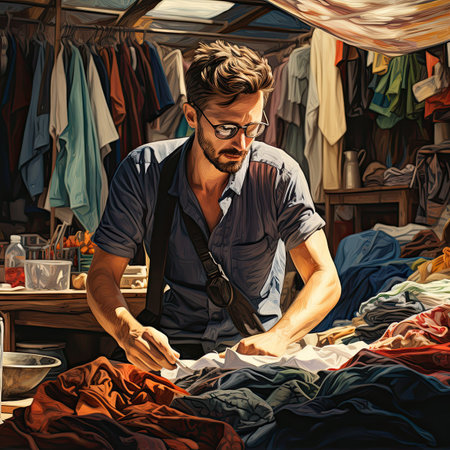 Handsome caucasian man in eyeglasses is sewing clothes in his workshop.の素材