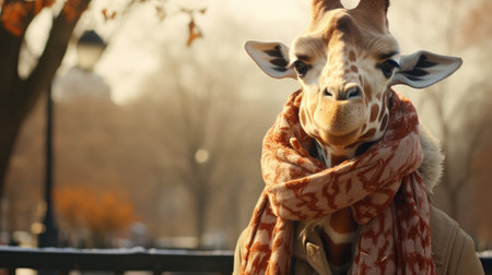 Young woman in scarf and hat with a giraffe in autumn parkの素材