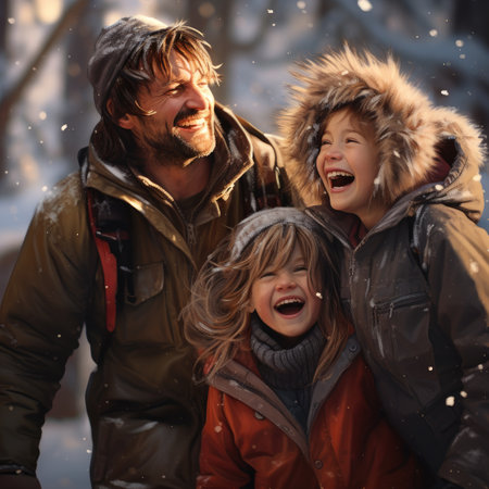 Happy family in winter park. Father, mother and son having fun outdoors.の素材