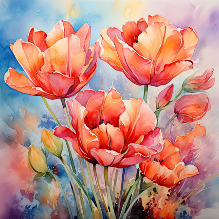 Tulips on abstract watercolor background.の素材