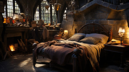 Interior of a medieval castle with a bed in the foreground.の素材