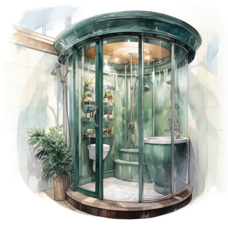 Watercolor Bathroom interior with glass shower and toilet.の素材