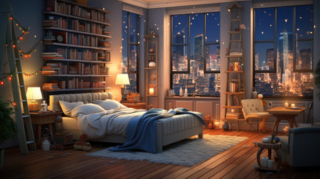 a bedroom interior with a night city view.の素材
