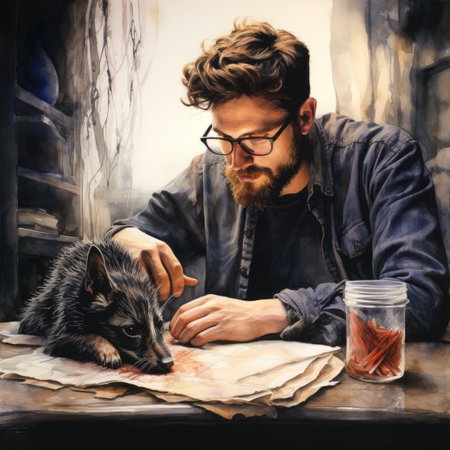 Young man with a beard and glasses sits on a table with a dog.の素材