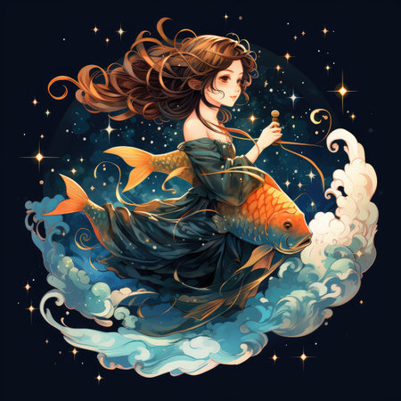 Beautiful mermaid with goldfish in the night sky.の素材