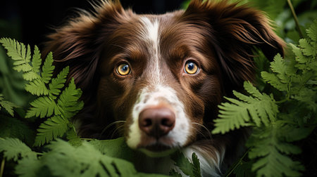 Portrait of a brown and white border collie with fern leavesの素材
