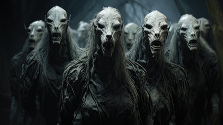 Creepy zombies in a dark forest. Horror Halloween concept.の素材
