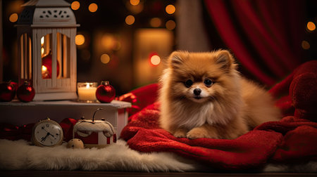 Pomeranian dog in front of christmas decorations and fireplace.の素材