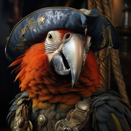 Portrait of a parrot in a pirate costume on a dark backgroundの素材