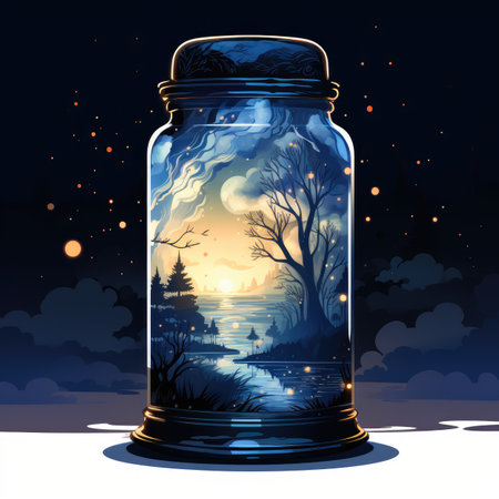 Night landscape with a glass jar and a lake.の素材