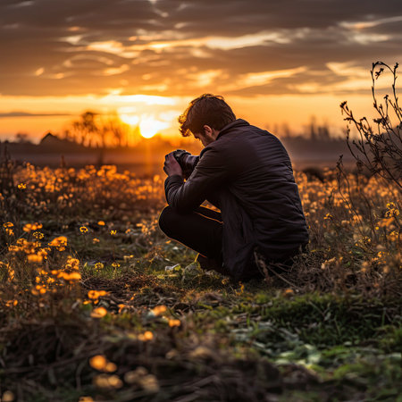 A man in a black jacket sits on the edge of a field and looks at the sunsetの素材