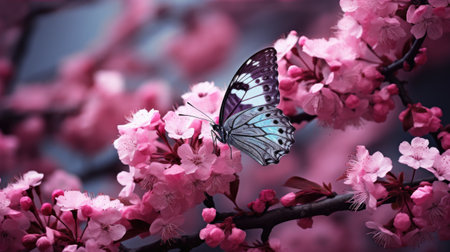 Butterfly on blooming sakura branch with pink flowers.の素材