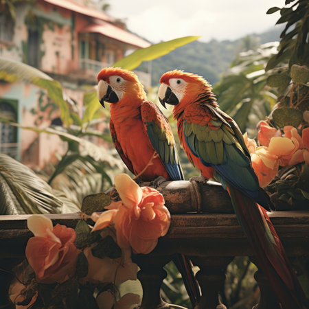 Couple of macaws sitting on the balcony with flowers in the backgroundの素材