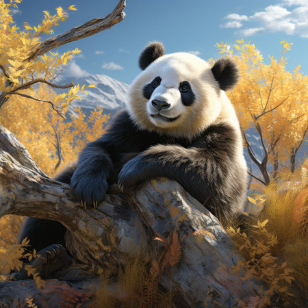 Panda bear sitting on a tree in the autumn forest.の素材