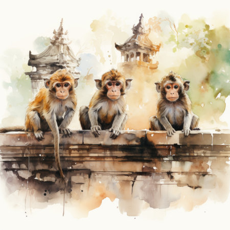 Watercolor Monkey sitting on the wall of the temple.の素材