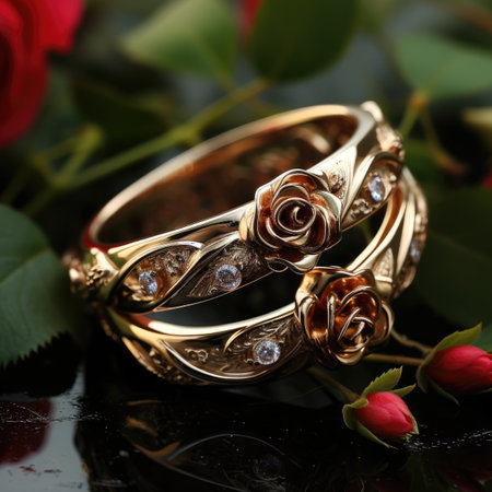 wedding rings with roses on a black background close-upの素材