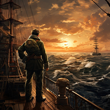 Pirate in the sea. A man in a military uniform stands on the ship and looks at the sunset.の素材