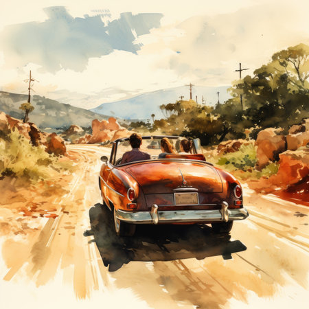 Watercolor Retro car on the road in the desert.の素材
