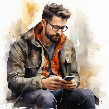 Watercolor young hipster man using mobile phoneの素材