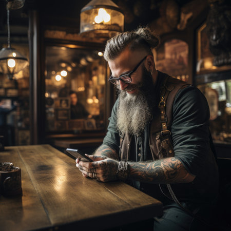 Handsome bearded hipster man using mobile phone in a pubの素材