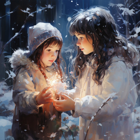 Two young girls in winter forest with sparklersの素材