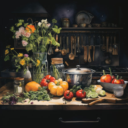 Vintage kitchen interior with cooking utensils and vegetables, still lifeの素材