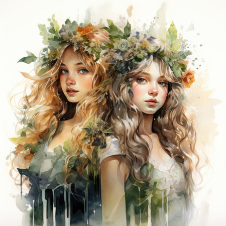 Two beautiful young women in floral wreaths.の素材