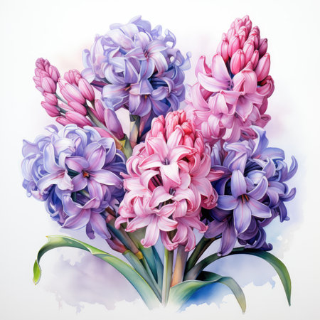 Pink and blue hyacinth flowers bouquet on white background.の素材