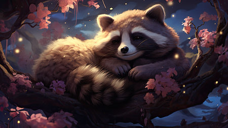 a cute raccoon sleeping in a tree.の素材