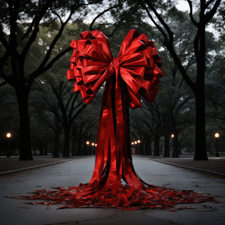 Red ribbon bow in the park at night.の素材