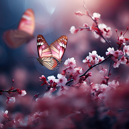 Butterfly and pink cherry blossoms. Beautiful spring background.の素材