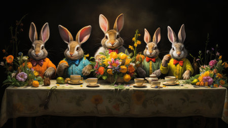 Easter still life with three bunnies and a cup of teaの素材