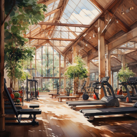 Modern gym interior with fitness equipment and green plants.の素材