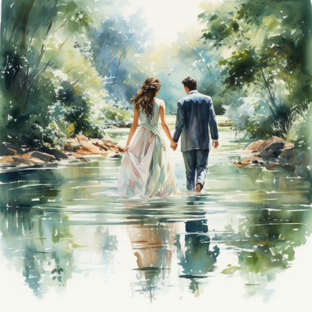 Watercolor Couple in love standing on the bank of the river.の素材