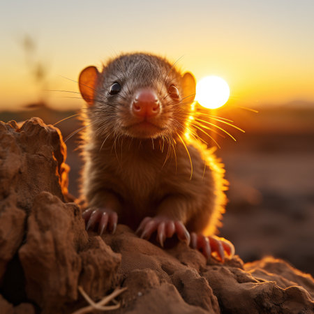 Cute ferret in the desert at sunset. Animal portrait.の素材