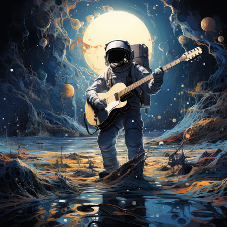 Astronaut playing electric guitar in space.の素材